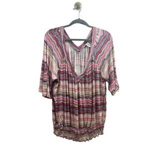 American Rag Blouse Women 1X Striped Vneck Short Sleeve Tunic Gathered Waist